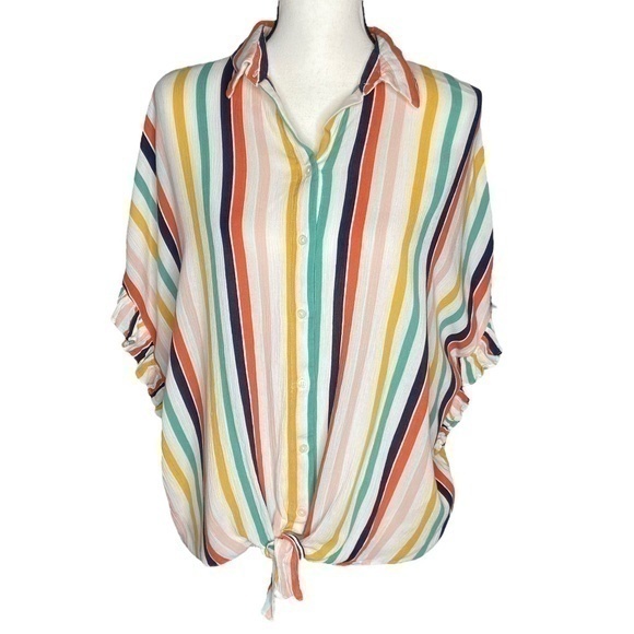 A New Approach Top Colorful Stripe Tie Waist Button Front Top Size S Oversized - Picture 1 of 12